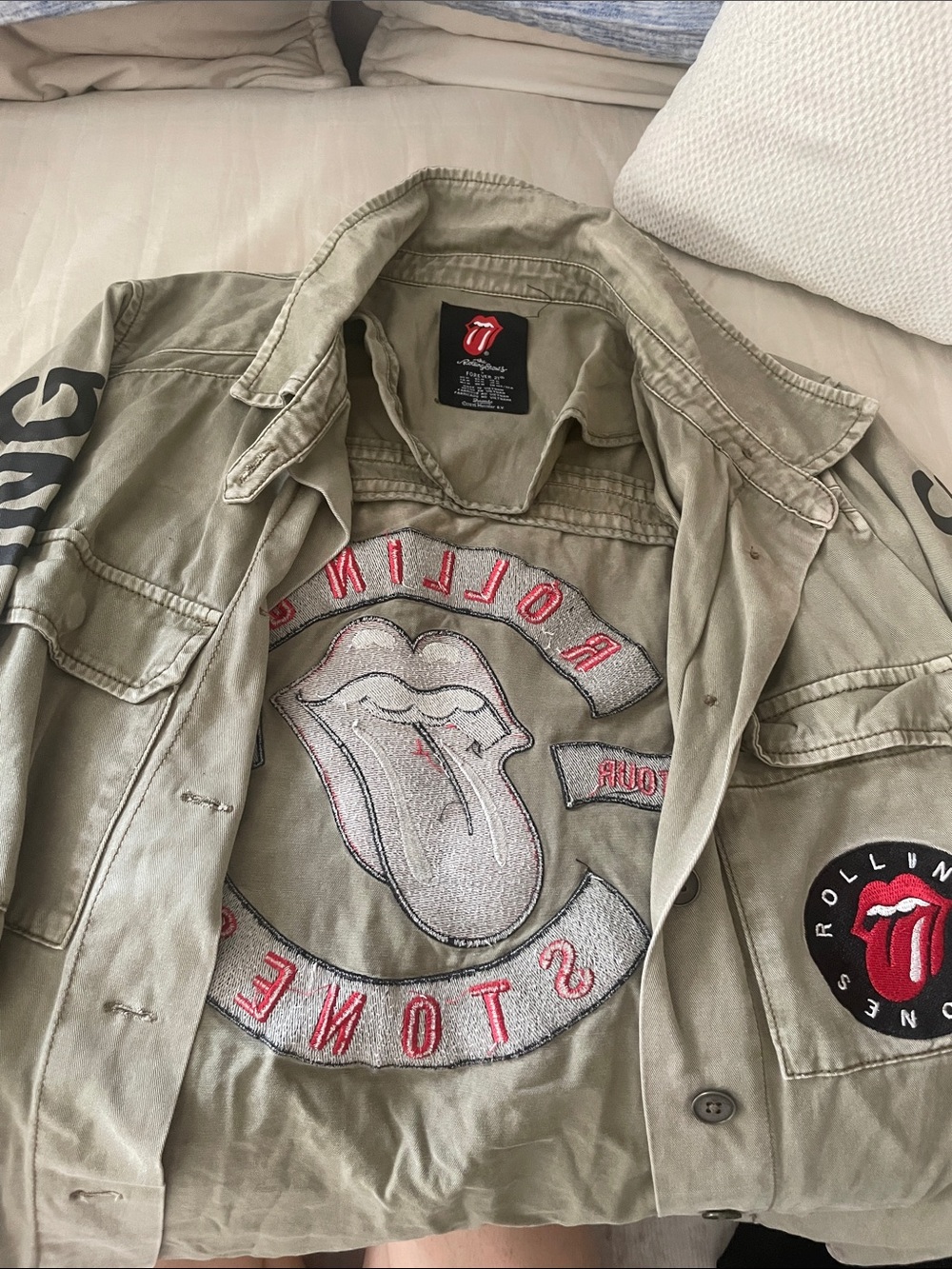 Forever 21 Olive Green Military Patch Jacket with Red Accents